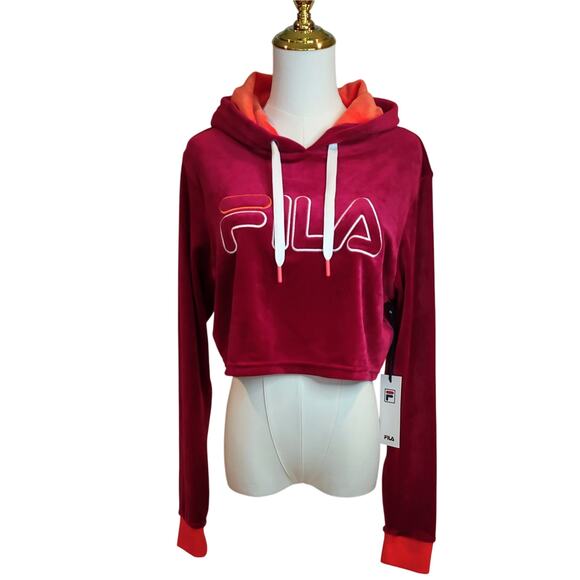 FILA Cropped Velour Hoodie in Deep Red and Vibrant Orange NWT Size Med. - Picture 1 of 7